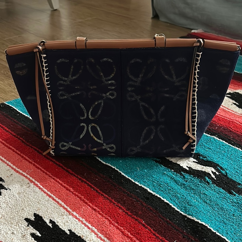 Loewe Blue and Tan Tote with Structured Design and Leather Trim